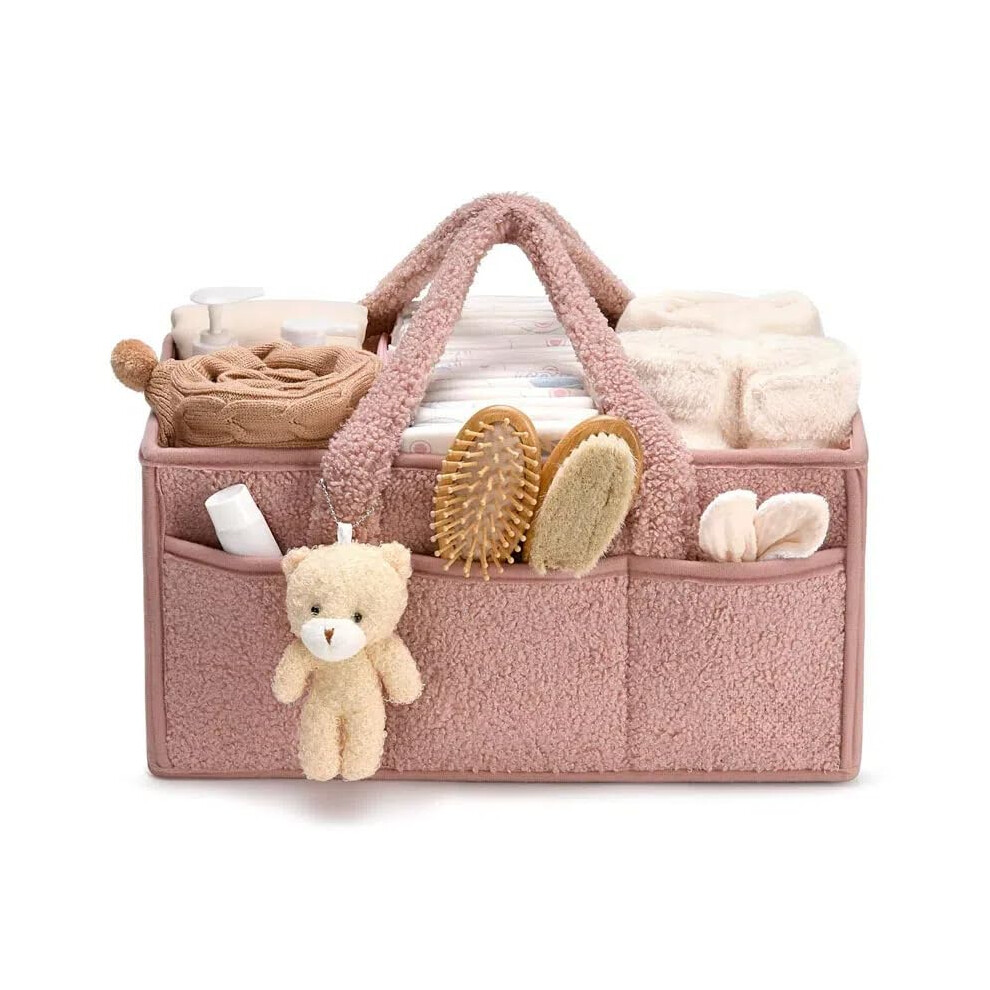 Diaper Bag Organizer Plush Diaper Basket With Handles Portable Changing Table Organizer For Wet Wipes And Baby Items Pink