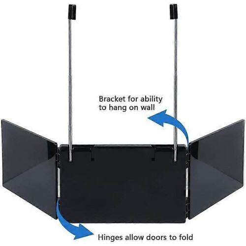 3-Sided Folding Mirror with Hook - Self Cut Mirror - Black - Glass and ABS - 34cm 2