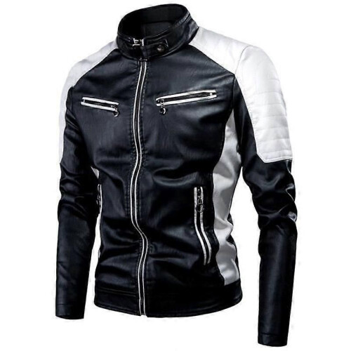 Men's Vintage PU Leather Motorcycle Jacket - Black - Geometric - Regular 2