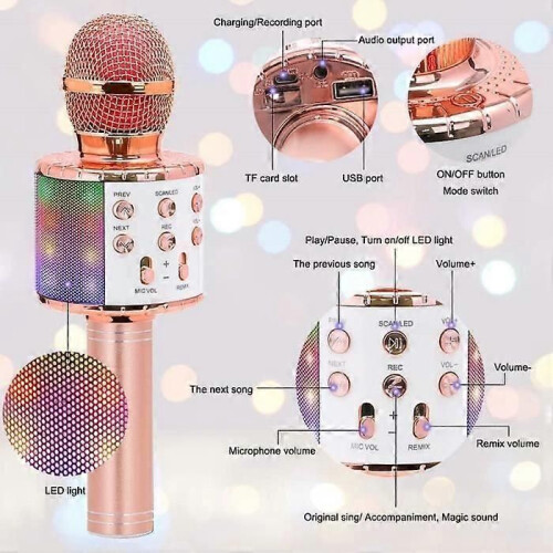 Microfono Karaoke Wireless, Microfono Karaoke Bluetooth Portatile con Luci LED per Feste 2