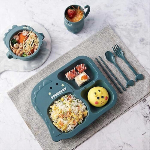 Green - Dinosaur Baby Tableware Set 6 Pcs Compartment Plate Complementary Food Bowl 1