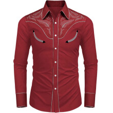 Western Shirt for Men Cowboy Costume Vintage Button Down with Cowboy Print Traditional Style Casual Freizeithemden S Wine