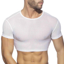 Men's Crop Top Short Sleeve Transparent Undershirt Mesh Lingerie Sports Shirt Slim Fit XXL White Night Club Outfit