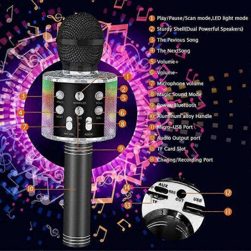 Microfono Karaoke Wireless Microfono Karaoke Bluetooth Portatile per Bambini Adulti Cantare Nero 1