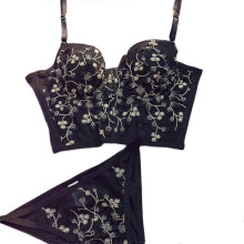 (L, Black suit) Womens Sexy Mesh Embroidery Floral Bustier Crop Top with G-String Panties Underwear Set Padded Boned Corset Camisole White suit XL