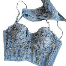 (S, Blue suit) Womens Sexy Mesh Embroidery Floral Bustier Crop Top with G-String Panties Underwear Set Padded Boned Corset Camisole White suit XL