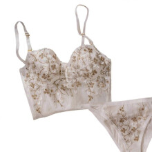 (M, White suit) Womens Sexy Mesh Embroidery Floral Bustier Crop Top with G-String Panties Underwear Set Padded Boned Corset Camisole White suit XL