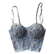 (S, Blue top) Womens Sexy Mesh Embroidery Floral Bustier Crop Top with G-String Panties Underwear Set Padded Boned Corset Camisole White suit XL