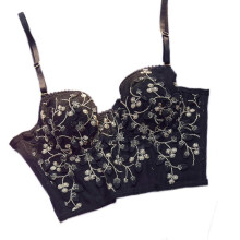 (XL, Black top) Womens Sexy Mesh Embroidery Floral Bustier Crop Top with G-String Panties Underwear Set Padded Boned Corset Camisole White suit XL