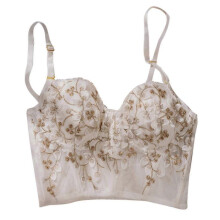 (XL, White top) Womens Sexy Mesh Embroidery Floral Bustier Crop Top with G-String Panties Underwear Set Padded Boned Corset Camisole White suit XL