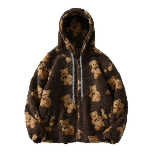 (L,Brown)New 2024 Teddy Bear Print Warm Jacket For Womens Zekai