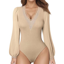 Bodysuit Shapewear Women's V-Neck Long Sleeve & Short Sleeve Jumpsuit Flexible Slim Fit Beige XXL Daily Stretchy Leotard