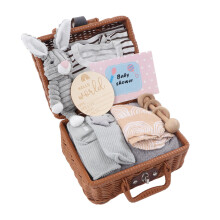 9 In 1 Newborn Baby Gift Basket with Wooden Rattles, Soft Plush Toys, Blanket, and Greeting Card for Boys and Girls