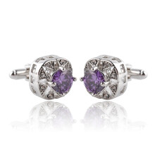 Purple Crystal Zirconia Round Cufflinks for Shirts, Wedding and Party Clothes, Elegant Jewelry in Silver