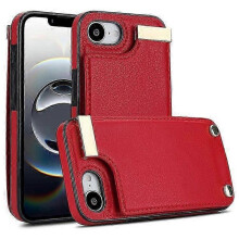 (Red) Compatible For iPhone 16e Case TPU + PU Leather Hardware Decor Phone Cover with Card Holder