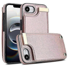 (PinkGold) Compatible For iPhone 16e Case TPU + PU Leather Hardware Decor Phone Cover with Card Holder