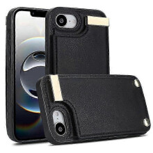 (Black) Compatible For iPhone 16e Case TPU + PU Leather Hardware Decor Phone Cover with Card Holder