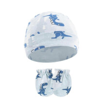 (Light blue dinosaur) Comfortable Newborns Baby Hat with Matching Scratch Proof Mittens 0-6 Months Infants for Keeping Fingers Warm