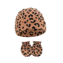 (Coffee leopard patte) Comfortable Newborns Baby Hat with Matching Scratch Proof Mittens 0-6 Months Infants for Keeping Fingers Warm