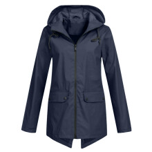 Rain Jacket Women's Waterproof Breathable Long Black Parka Thin Windbreaker A1001-Marine Size Large for Cycling