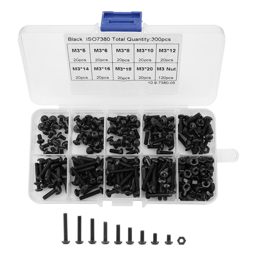 300Pcs M3 10.9 Grade Button Head Hex Socket Black