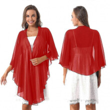 (One Size, Red) 3/4 Sleeve Wedding Bridal Bolero Tops Elegant High-low Hem Chiffon Shawl Shrug Evening Cape