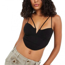 (S) Women Strappy Irregular Hem Slim Fit Pure Color Short Tank Top with V Chest Underwire for Spring Summer