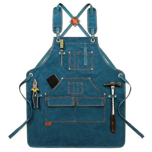 (blue) Heavy Duty Waxed Canvas Working Tool Apron With 9 Pockets, Adjustable Strap Aprons, Yellow Sx