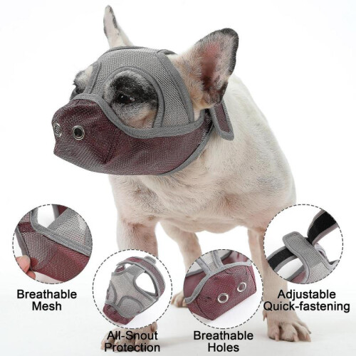 (L, Grey-red) Short Snout Dog Muzzles,bulldog Muzzle Adjustable Breathable Mesh Dog Muzzle For Briting Chewing 2