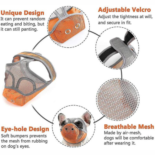 (M, Grey-orange) Short Snout Dog Muzzles,bulldog Muzzle Adjustable Breathable Mesh Dog Muzzle For Briting Chewing 1