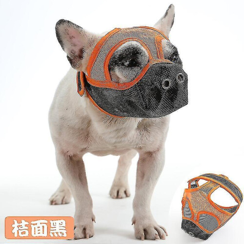 (M, Orange-black) Short Snout Dog Muzzles,bulldog Muzzle Adjustable Breathable Mesh Dog Muzzle For Briting Chewing