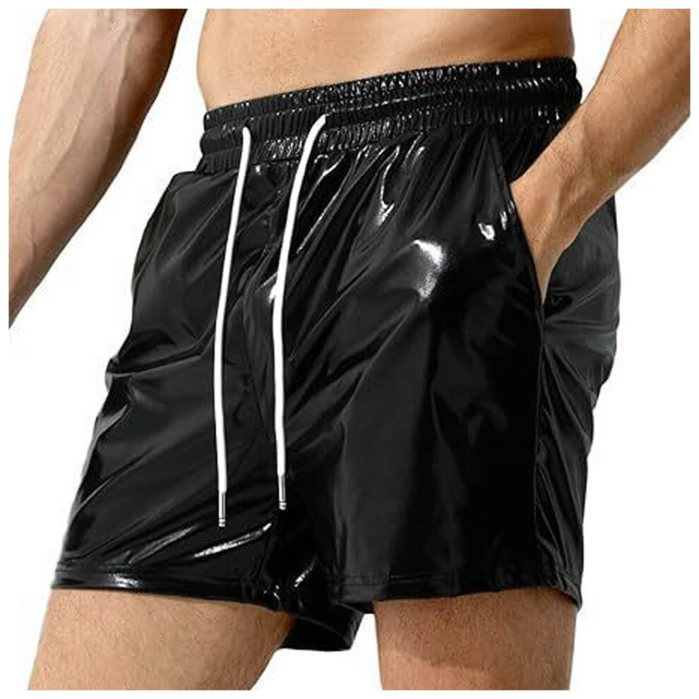 Metallic Shorts Men's Shiny Beach Shorts Black Size M Quick-Drying Wetlook Gym Jogging Pants with Pockets-image-OPC-PK82ZXG-NEW