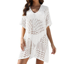 Damen Gestrickte Sonnenschutzkleid V-Ausschnitt, Kurz Knielang Bikini Cover Up, Sexy Beachwear Strickkleid in Weiß, Einheitsgröße