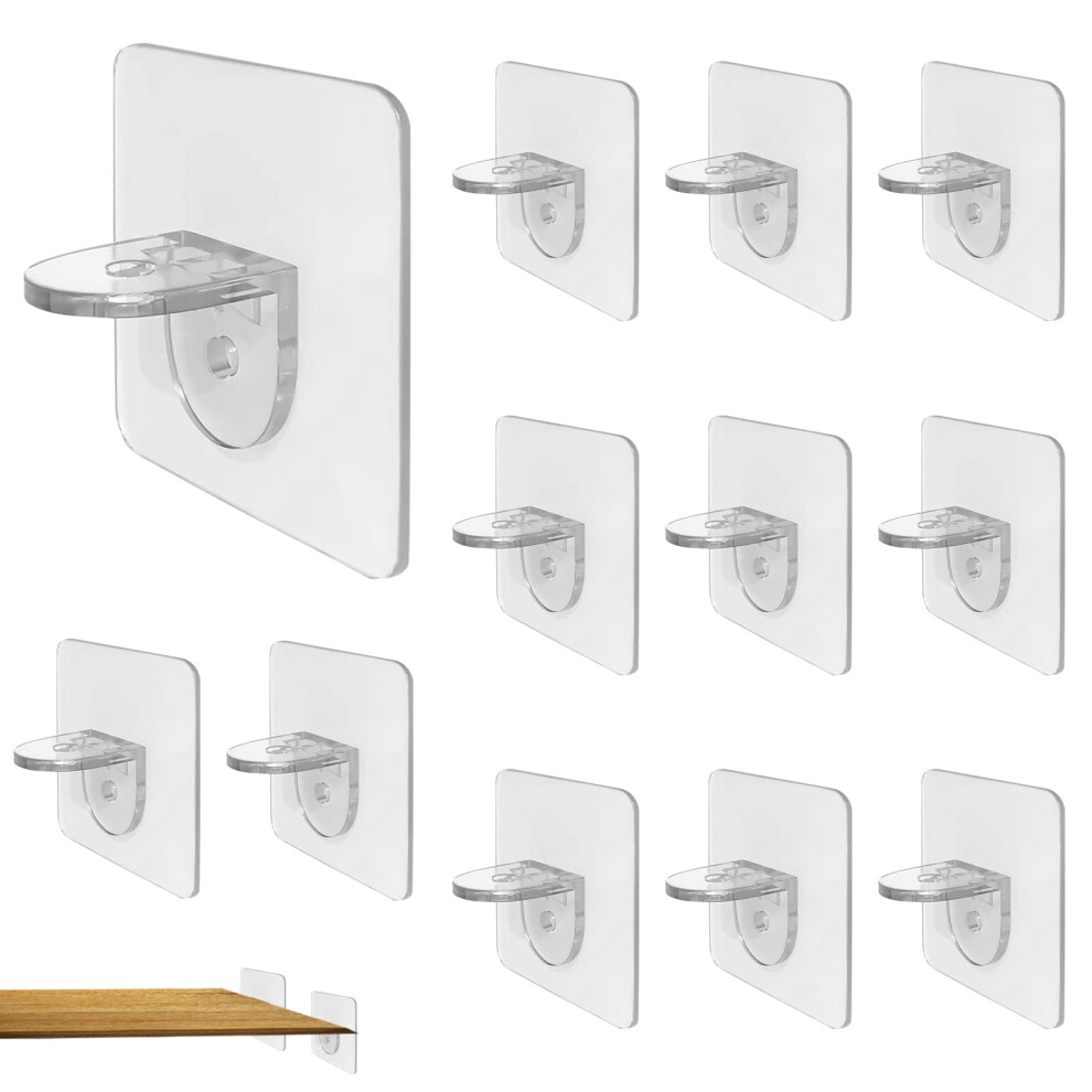 Pack of 12 Transparent Self-Adhesive Shelf Holders, No Drilling Shelf Brackets for Glass Cupboards and Wardrobes