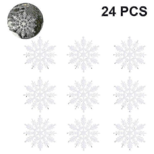 (White) 2025 24pcs Plastic Glitter Snowflake Ornaments Christmas Tree Decorations Wanke