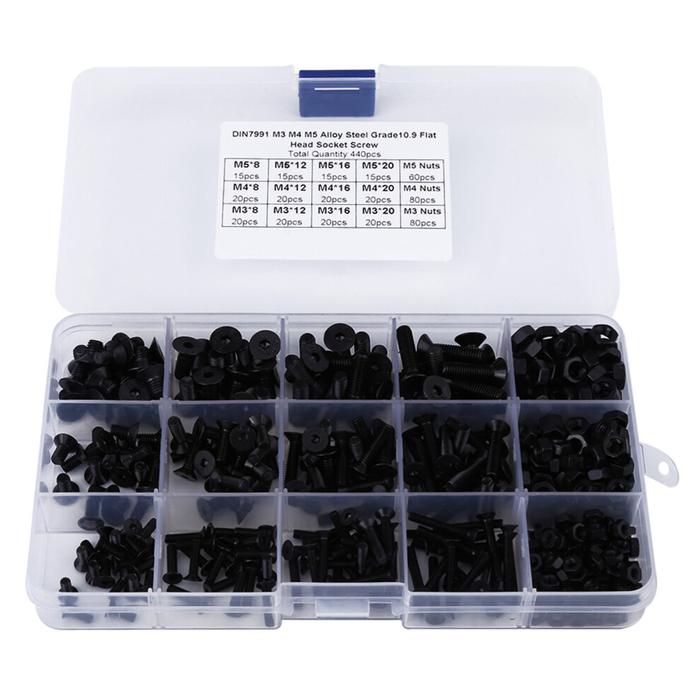 440pcs Alloy Steel M3 M4 M5 Hex Socket Flat Head