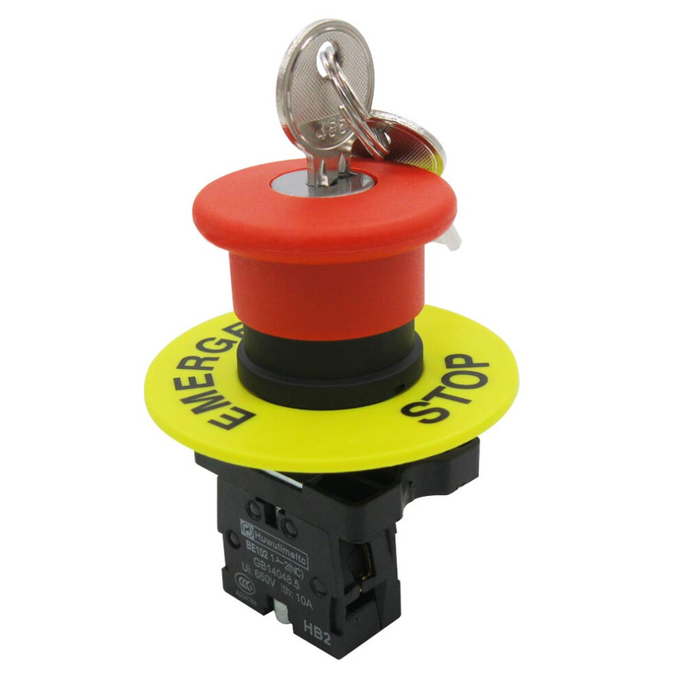 Red 1Nc Emergency Stop Switch 22Mm Mushroom Push Button Key Reset 10A 660V With 60Mm Emergency Stop Sign Hb2-Es142