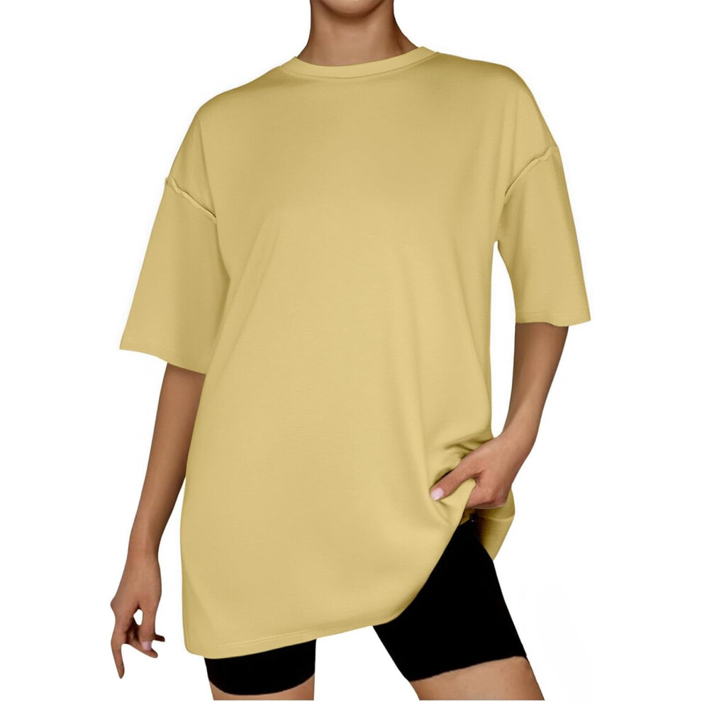 (S, 001* Yellow) Oversized T Shirts for Women Workout Plus Size Tops Crew Neck Short Sleeve Gym Shirts Casual Loose Fit Basic Tees Ladies Tops Lightwe
