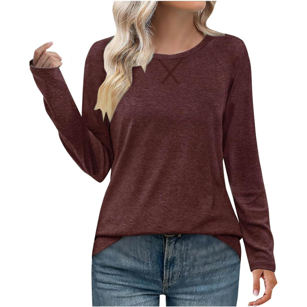 (L, 02 Wine) Women's Tops Clearance Ladies Blouses Fashion Long Sleeve Shirts Dressy Casual Blouses Round Neck Loose T-Shirts Blouse Tops Trendy Tunic