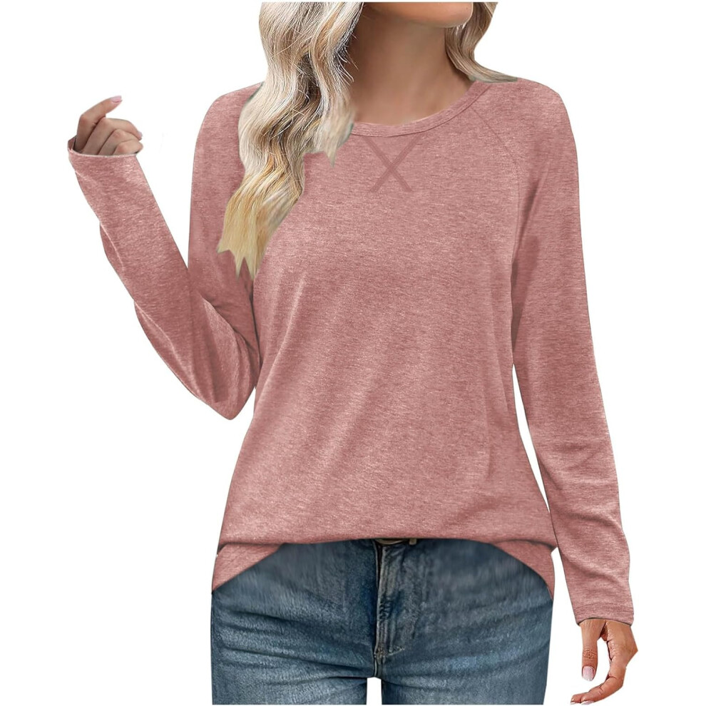 (L, 02 Pink) Women's Tops Clearance Ladies Blouses Fashion Long Sleeve Shirts Dressy Casual Blouses Round Neck Loose T-Shirts Blouse Tops Trendy Tunic