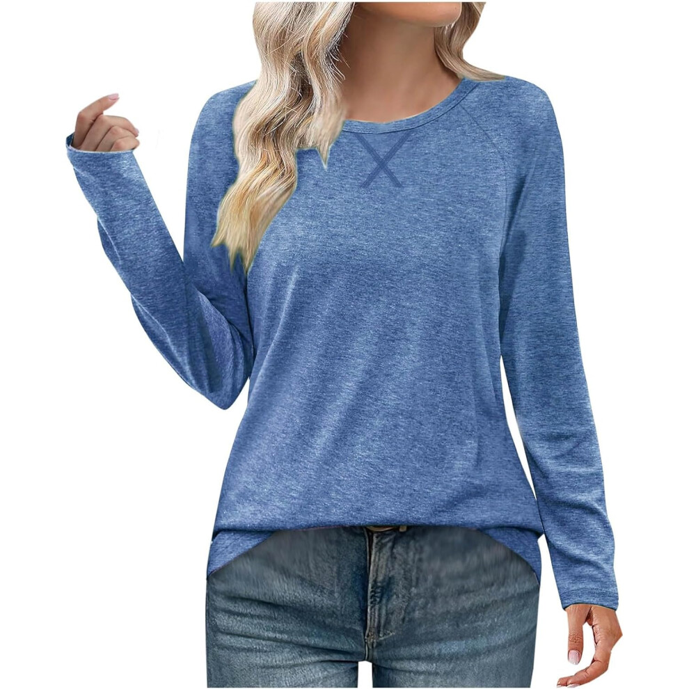 (S, 02 Blue) Women's Tops Clearance Ladies Blouses Fashion Long Sleeve Shirts Dressy Casual Blouses Round Neck Loose T-Shirts Blouse Tops Trendy Tunic
