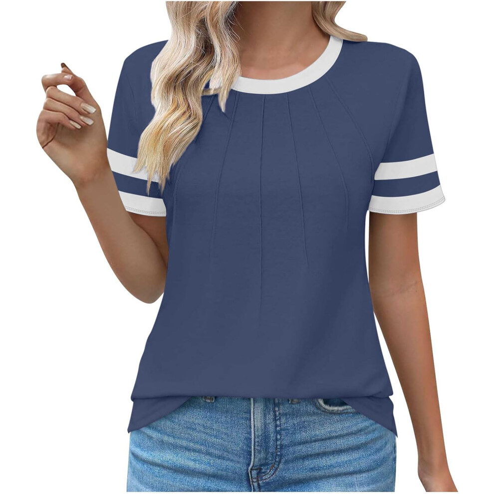 (3XL, 002 Navy) Summer Tops for Women UK Clearance Ladies Tops Womens Dressy Casual Blouses Trendy Short Sleeve T-Shirts Business Work Blouse Pleated