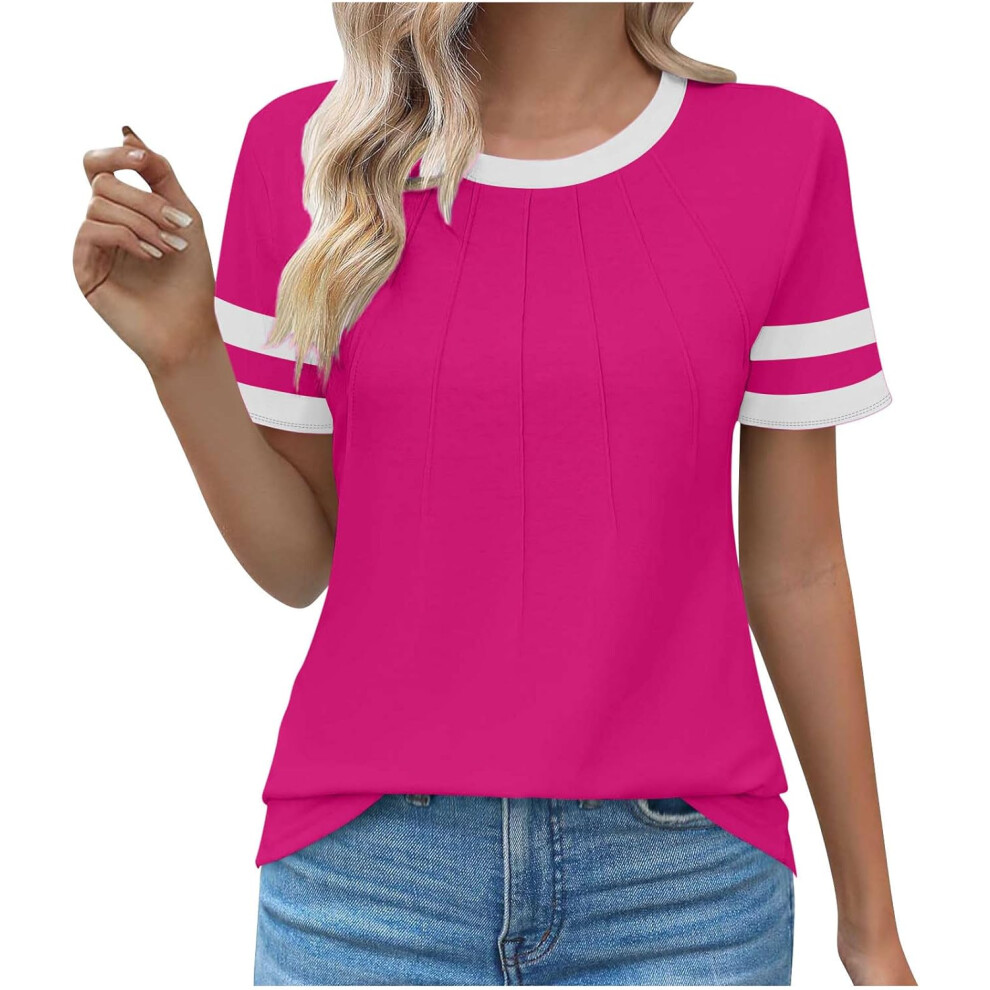 (3XL, 001 Hot Pink) Summer Tops for Women UK Clearance Ladies Tops Womens Dressy Casual Blouses Trendy Short Sleeve T-Shirts Business Work Blouse Plea