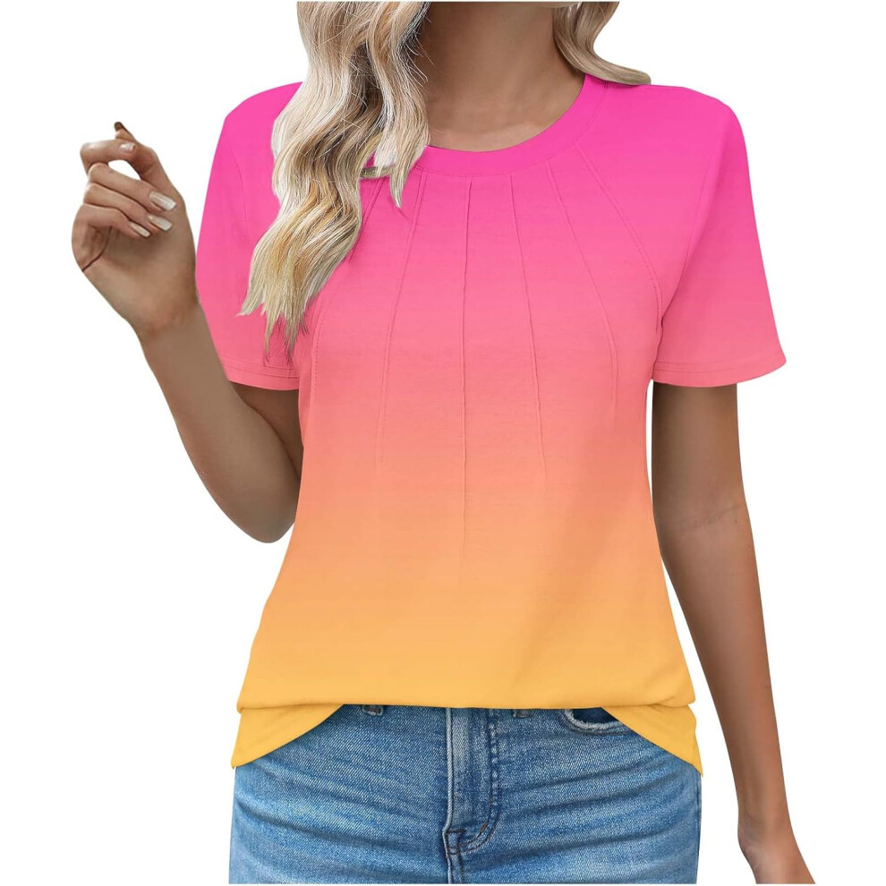 (3XL, 020 Hot Pink) Summer Tops for Women UK Clearance Ladies Tops Womens Dressy Casual Blouses Trendy Short Sleeve T-Shirts Business Work Blouse Plea