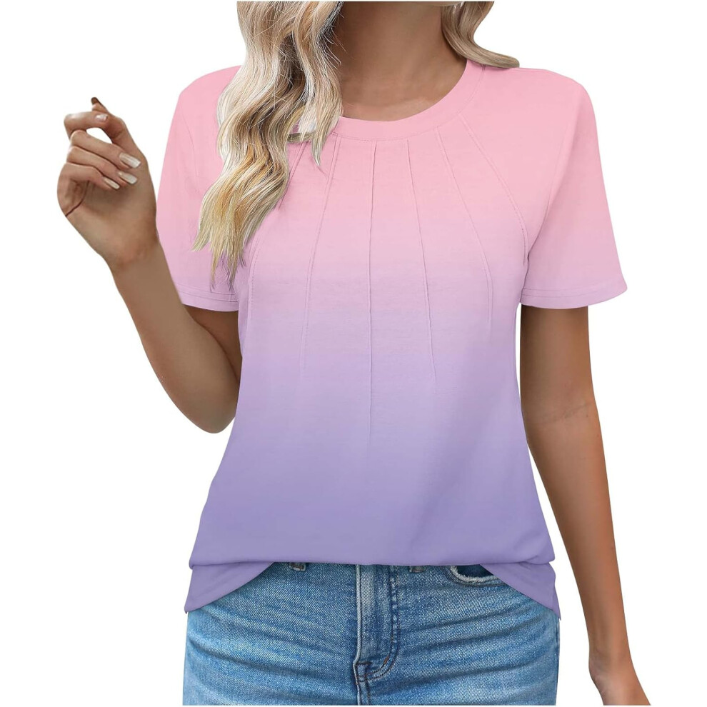 (L, 020 Pink) Summer Tops for Women UK Clearance Ladies Tops Womens Dressy Casual Blouses Trendy Short Sleeve T-Shirts Business Work Blouse Pleated Sh