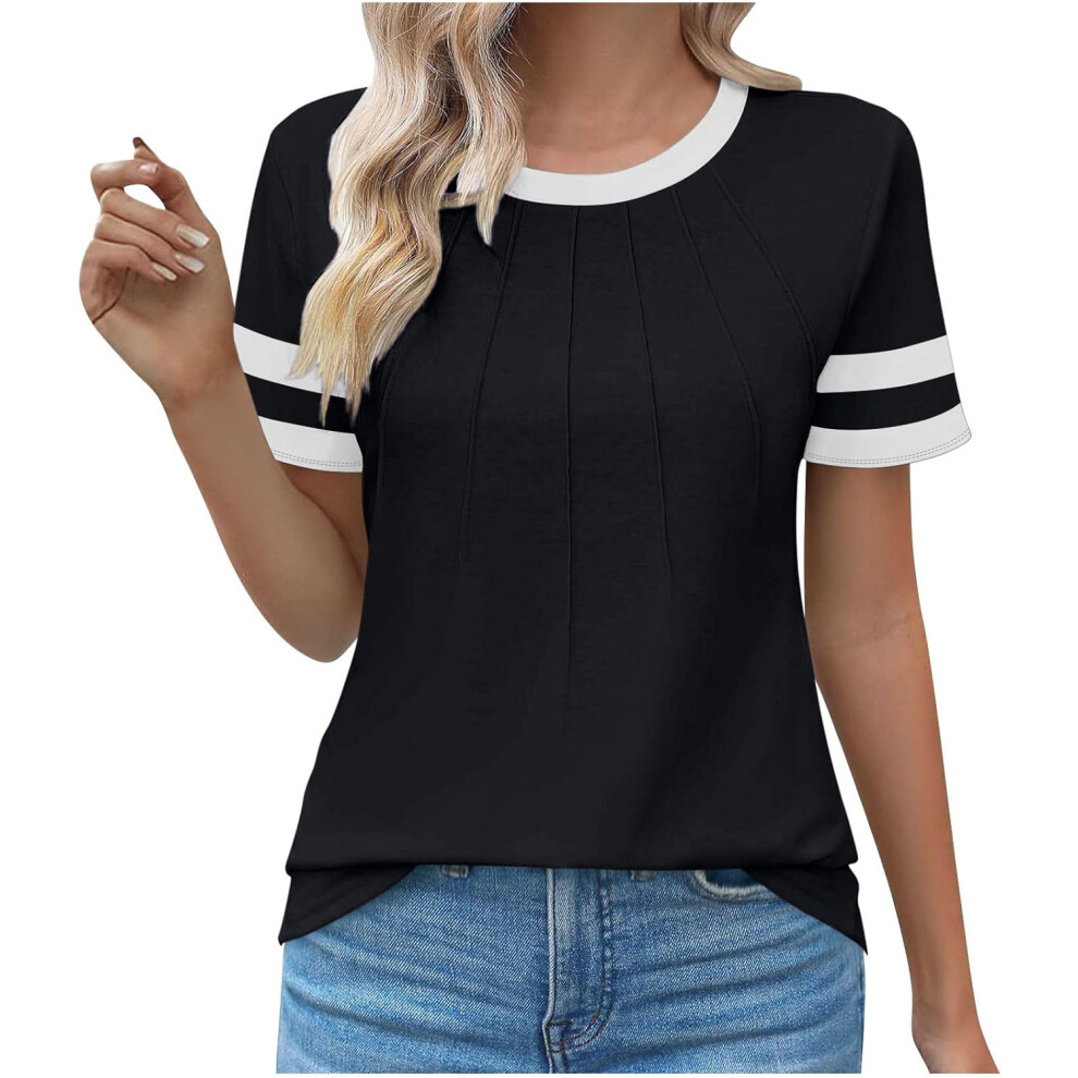 (S, 002 Black) Summer Tops for Women UK Clearance Ladies Tops Womens Dressy Casual Blouses Trendy Short Sleeve T-Shirts Business Work Blouse Pleated S