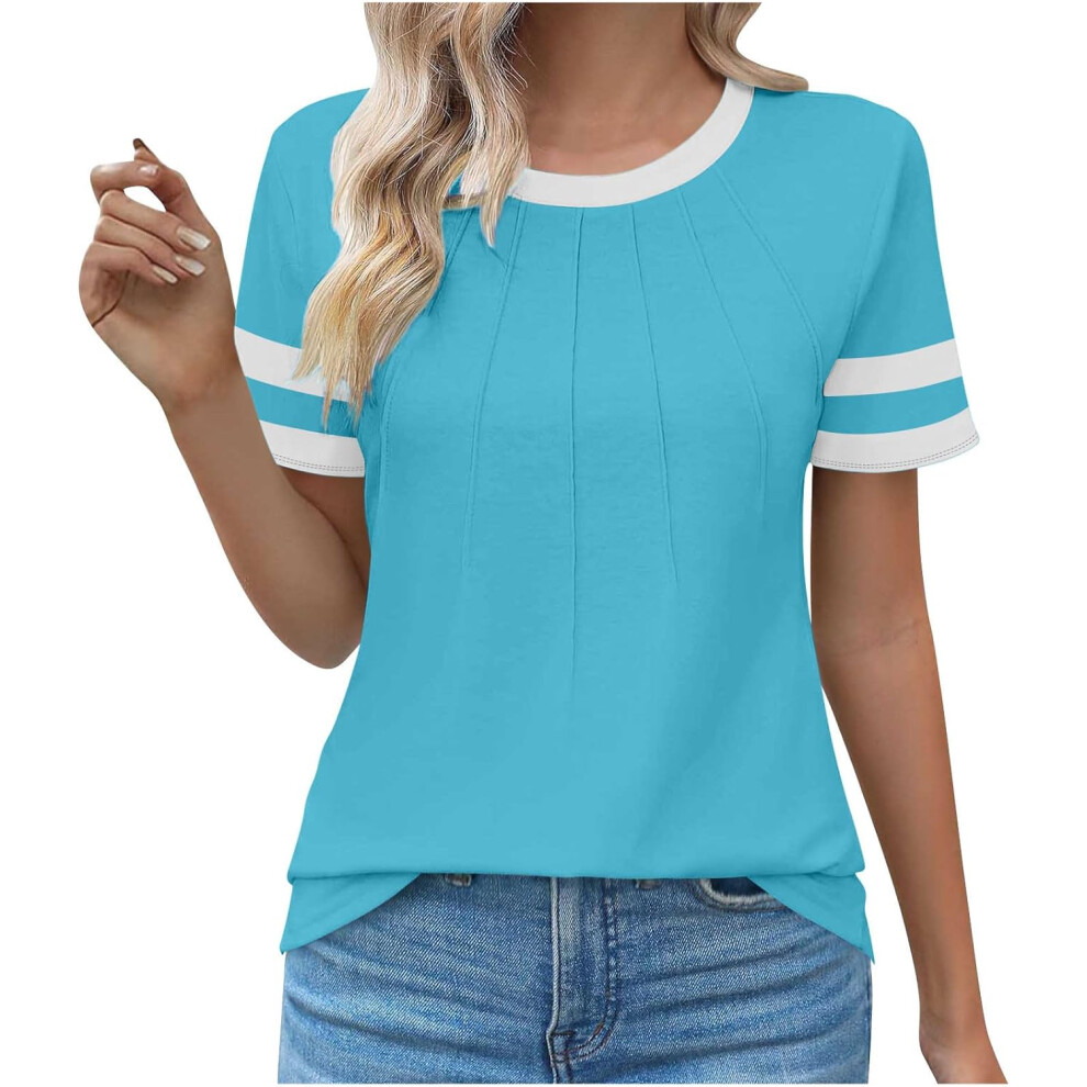 (S, 002 Sky Blue) Summer Tops for Women UK Clearance Ladies Tops Womens Dressy Casual Blouses Trendy Short Sleeve T-Shirts Business Work Blouse Pleate