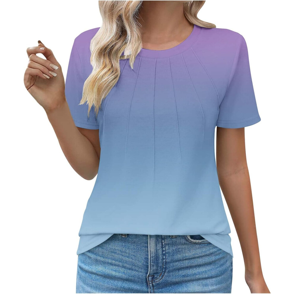 (S, 020 Navy) Summer Tops for Women UK Clearance Ladies Tops Womens Dressy Casual Blouses Trendy Short Sleeve T-Shirts Business Work Blouse Pleated Sh