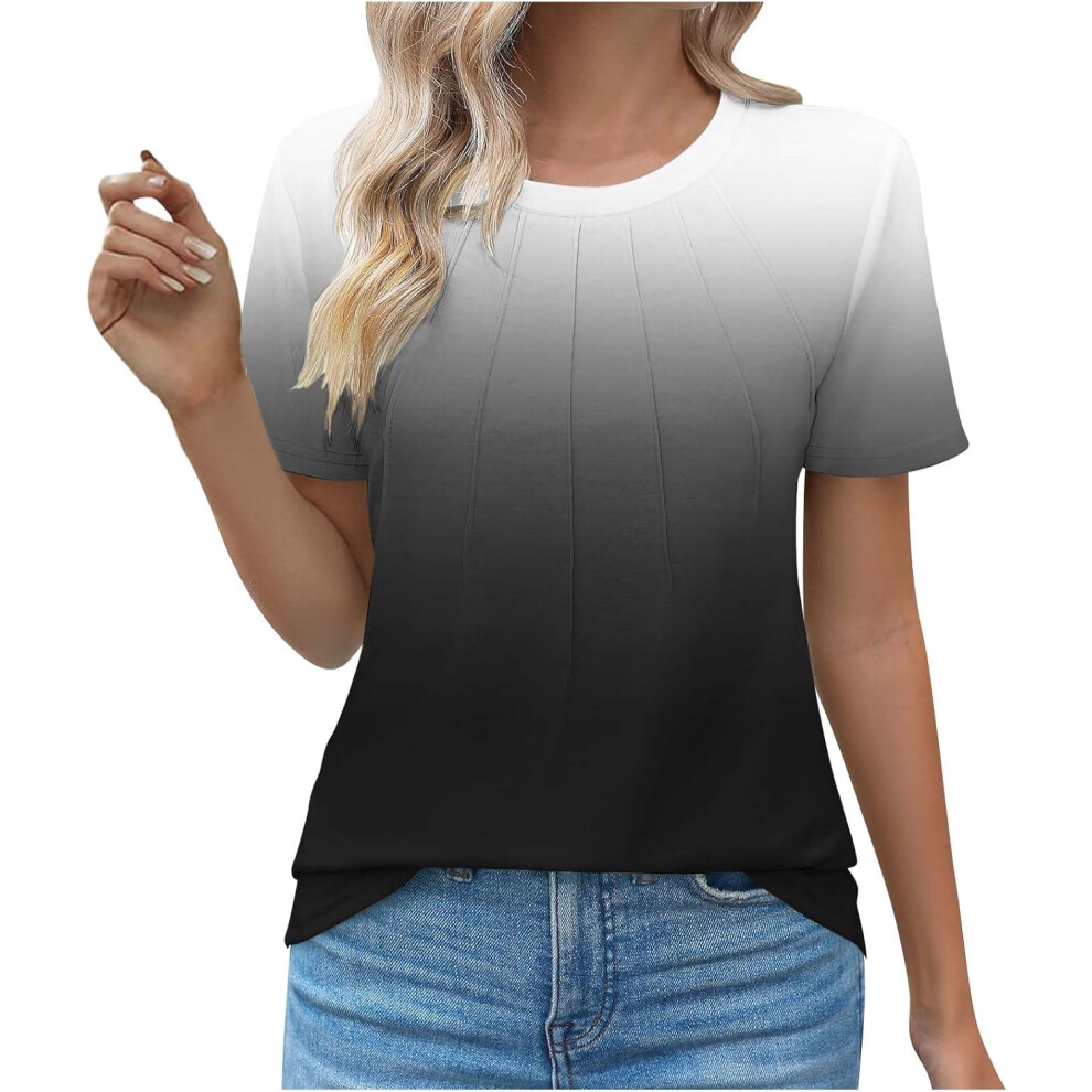 (XL, 020 Black) Summer Tops for Women UK Clearance Ladies Tops Womens Dressy Casual Blouses Trendy Short Sleeve T-Shirts Business Work Blouse Pleated