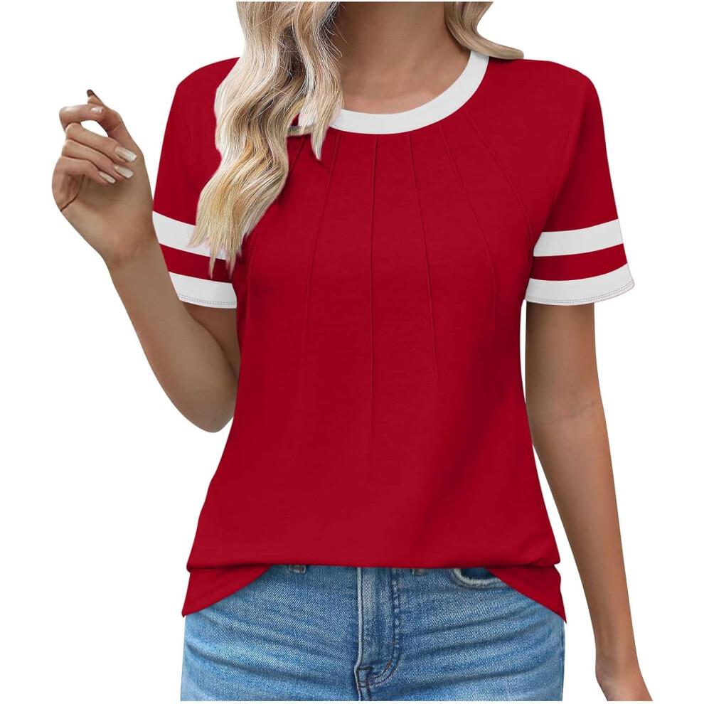 (XL, 002 Red) Summer Tops for Women UK Clearance Ladies Tops Womens Dressy Casual Blouses Trendy Short Sleeve T-Shirts Business Work Blouse Pleated Sh